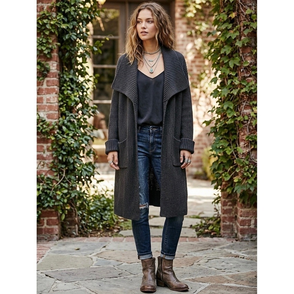 Free People Charcoal Grey Ribbed Knit Oversized Shawl Collar Cardigan M/L